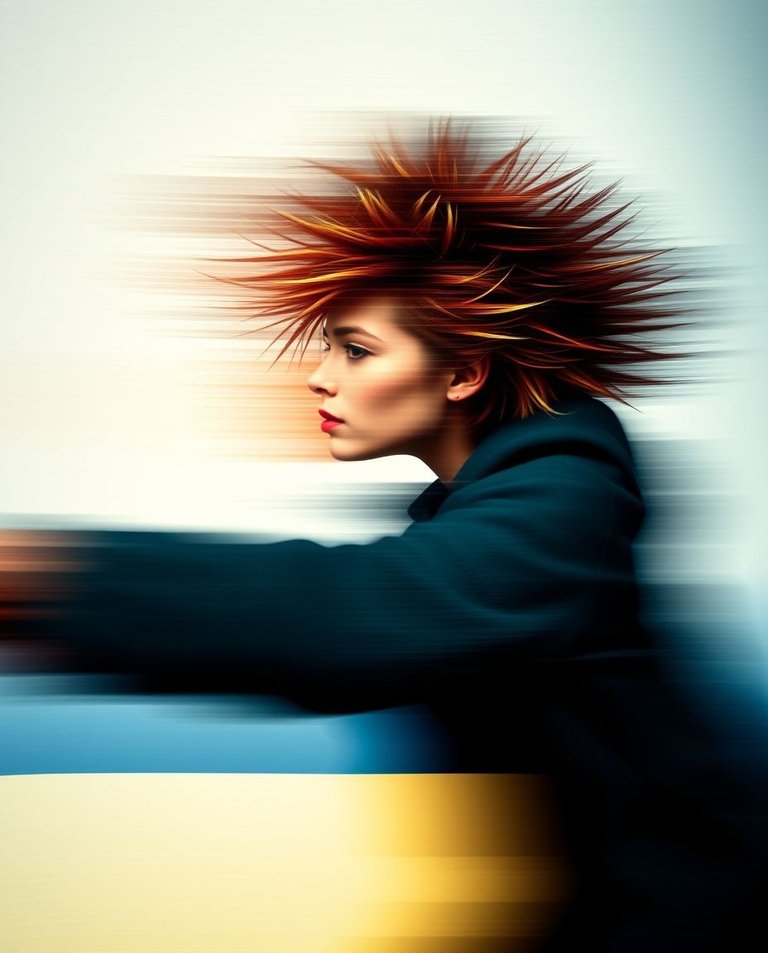 Dynamic motion shot, split composition, blurred lines, bold areas, woman with spiky hedgehog hair in action poses. Abstract illusion, vivid colors, negative contrast. Raw photo aesthetic.jpg