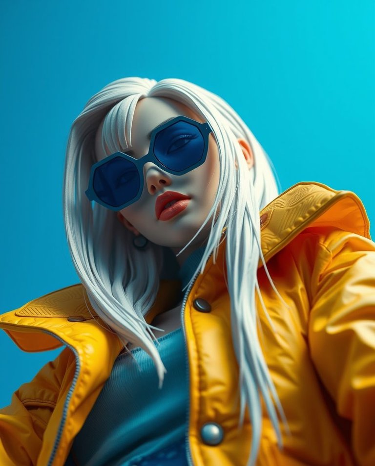 Low-angle perspective, layered papier-mâché aesthetic Stylish anime woman with long sleek white hair, round blue sunglasses, and vibrant oversized yellow jacket against a bold blue background.  Sculpted, textured l.jpg