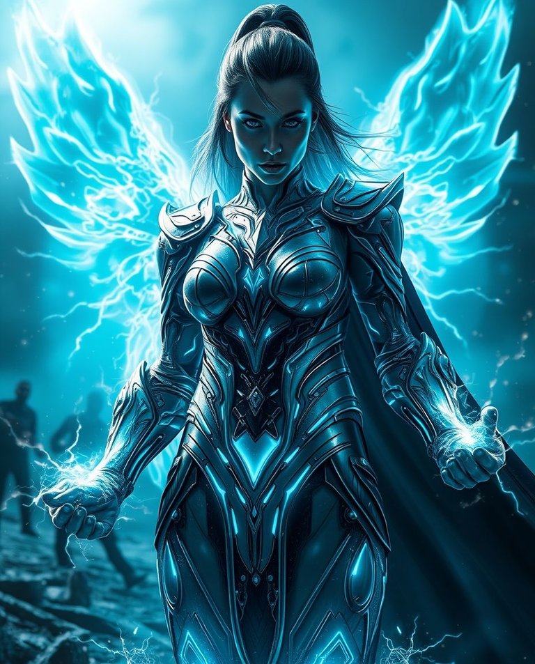 Rich deep teal, eerie creepy atmosphere, majestic god-like warrior woman amidst glowing energy, ethereal blue aura, futuristic armored bodysuit, luminous energy veins, intensely piercing eyes, unshakable stance, en.jpg