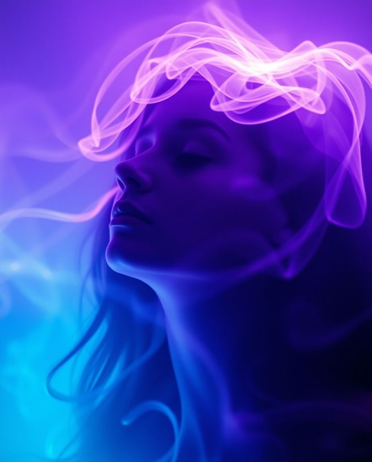 Creative light art, ethereal spiritual vibe.  A feminine silhouette, iridescent mist swirling around her.  Her face radiates calm, intense energy, star-like eyes. Invisible consciousness threads traverse space and .jpg