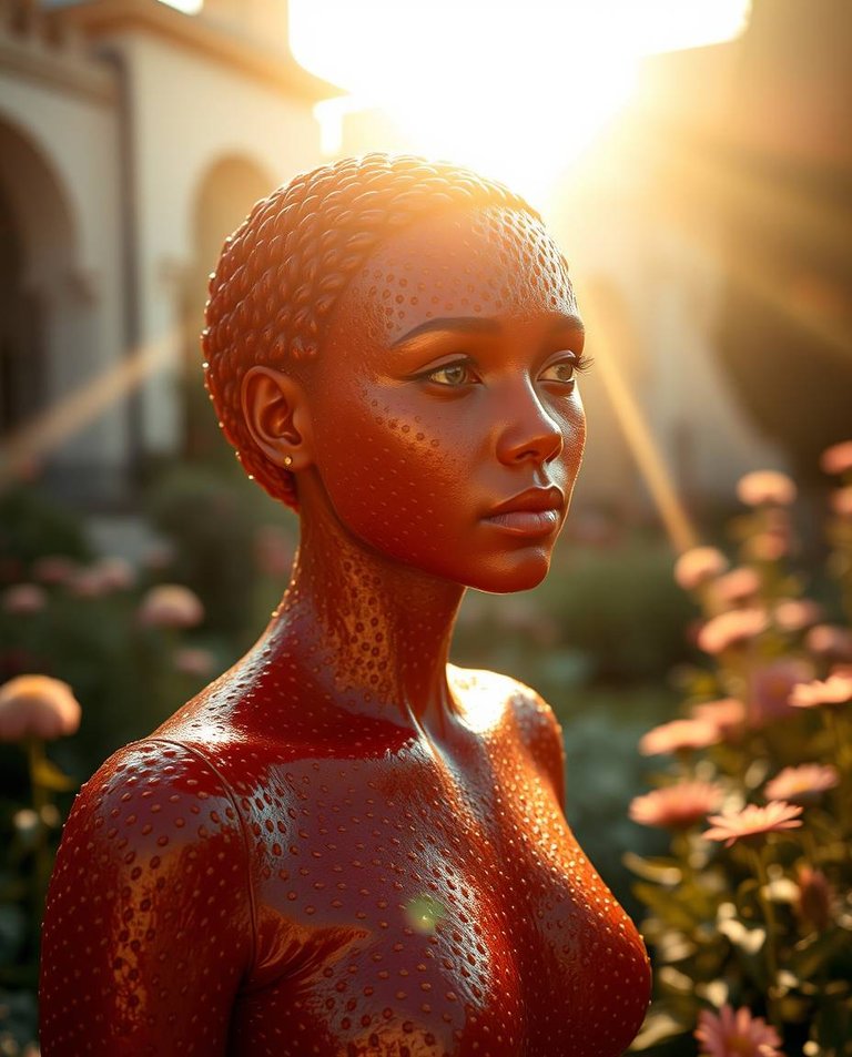 Natural earth tones, volumetric lighting. A woman formed from shiny strawberry-textured coating stands in a golden hour garden. Sunlight illuminates her against a cool background. Blurred flowers and subtle archite.jpg