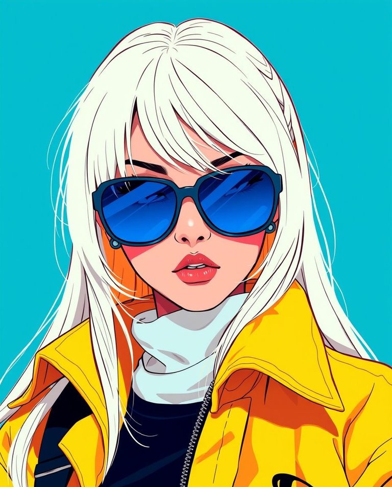 An extreme close-up macro shot features a stylish anime woman with long white hair, blue sunglasses, and an oversized yellow jacket against a bold blue background.  Warm terracotta and cool teal tones are used.  Th.jpg