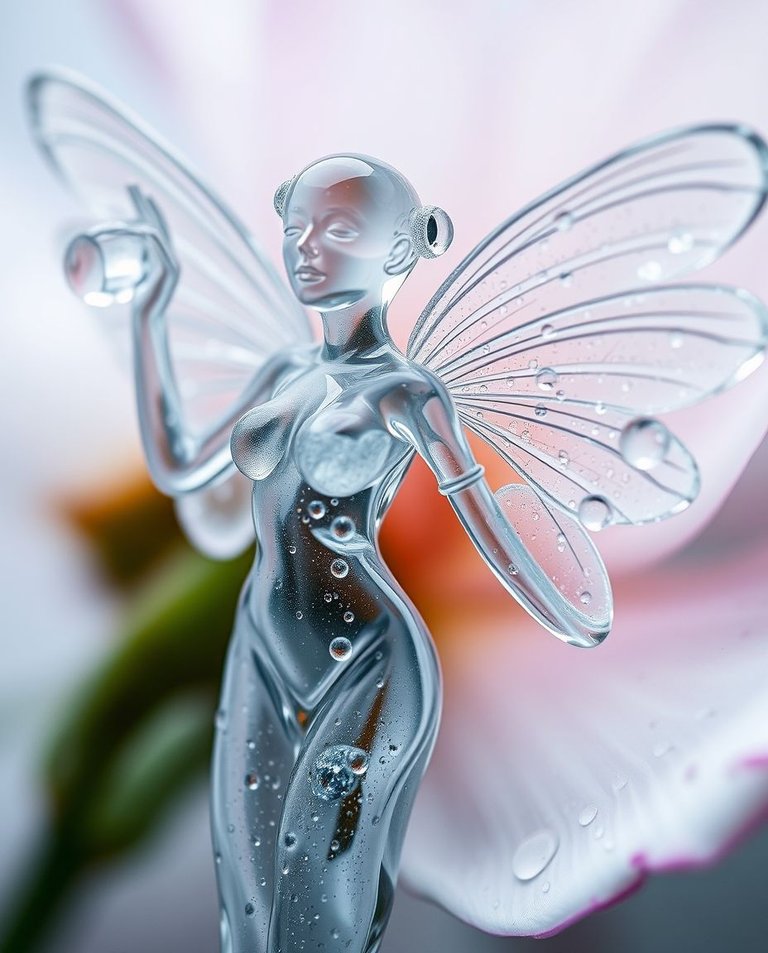 Extreme macro close-up showcasing the intricate detail of a winged woman formed from water droplets. Her transparent form shimmers near a flower.  Focus on small subject details. Dreamy ethereal background.jpg