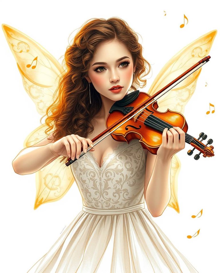 A hand-drawn sketch, warm golden glow, photorealistic style. Surreal cinematic portrait young woman with curly brown hair, porcelain skin, expressive brown eyes, playing intricately carved wooden violin.  Transpare.jpg