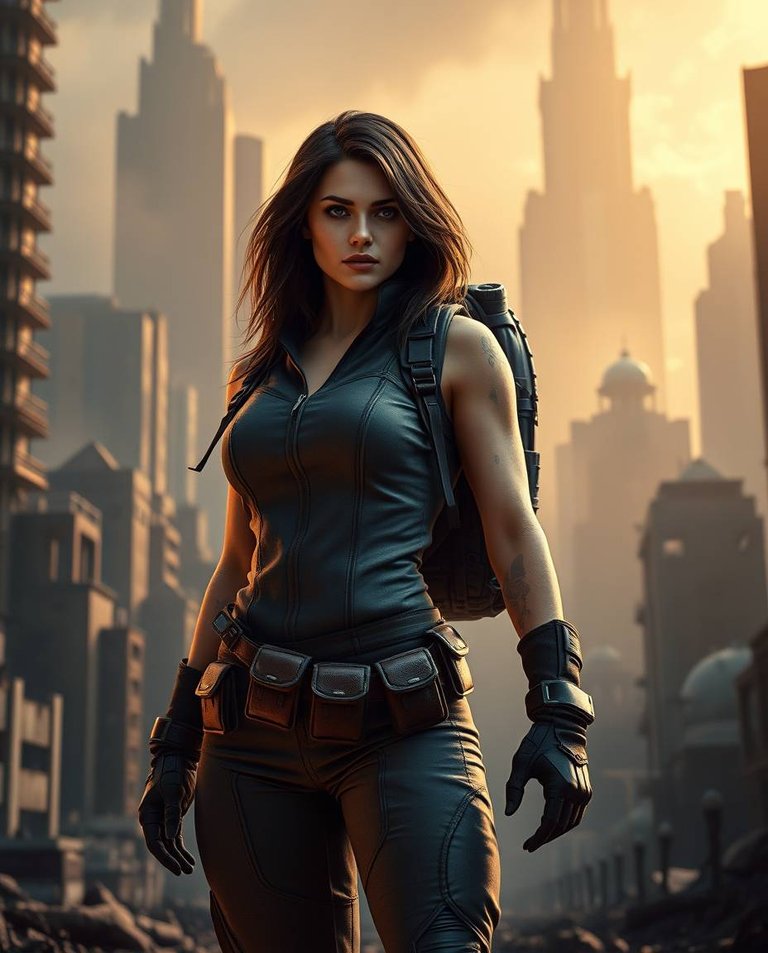 An epic, modern, futuristic scene, bathed in amazing lens glow lighting, shows a female adventurer with strong jawline and dark hair in a fitted jumpsuit.  Her belt holds pouches, a backpack rests on her shoulders..jpg