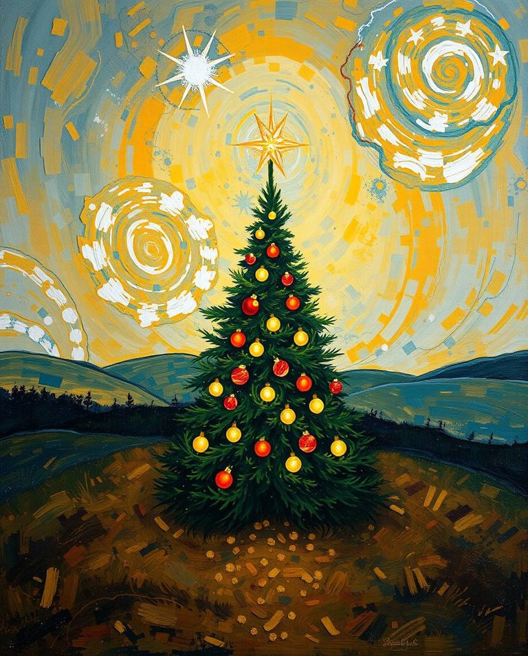 Oil painting in Van Gogh's style, viewed from an overhead perspective with artistic lighting and abstract patterns. A central Christmas tree, with glowing ornaments, is the focal point, surrounded by an abstract la.jpg