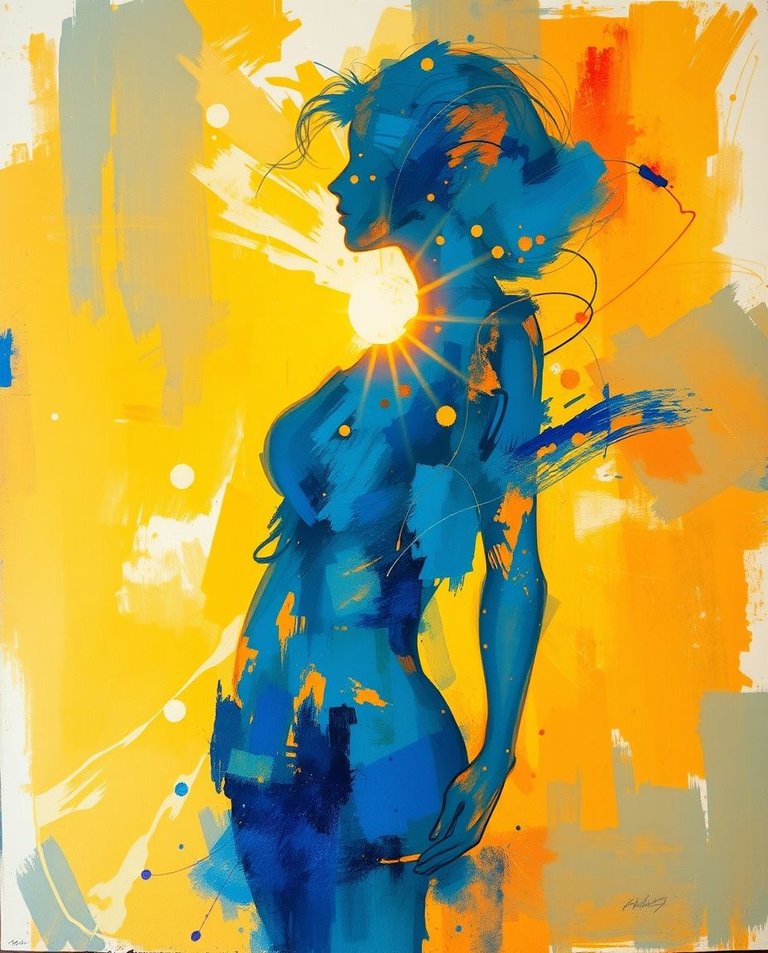 Abstract painting Warm golden hour light bathes blue and yellow brushstrokes symbolizing the female form. Style blends dramatic portraiture, digital mixed media, tangled nests, image noise, large canvases, and mini.jpg