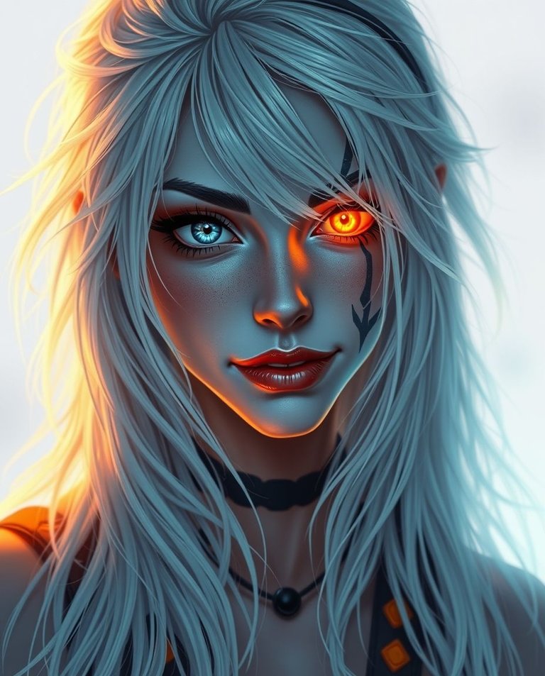 Dreamy bioluminescent artwork. Light-skinned woman with long, wild white hair, one deep blue eye, one glowing amber-orange eye, mischievous smirk, black facial tattoo, black and orange accessories. Dramatic lightin.jpg