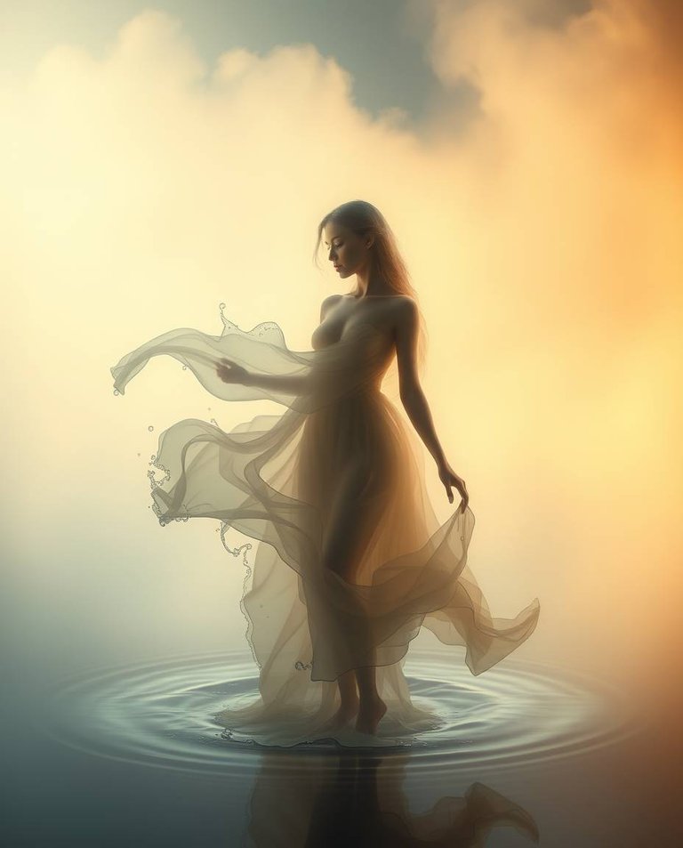 Soft cinematic haze, warm autumn colors, ethereal vibe, water swirls forming a figure, translucent form, flowing liquid gown, light aura, mystical, earthy.jpg