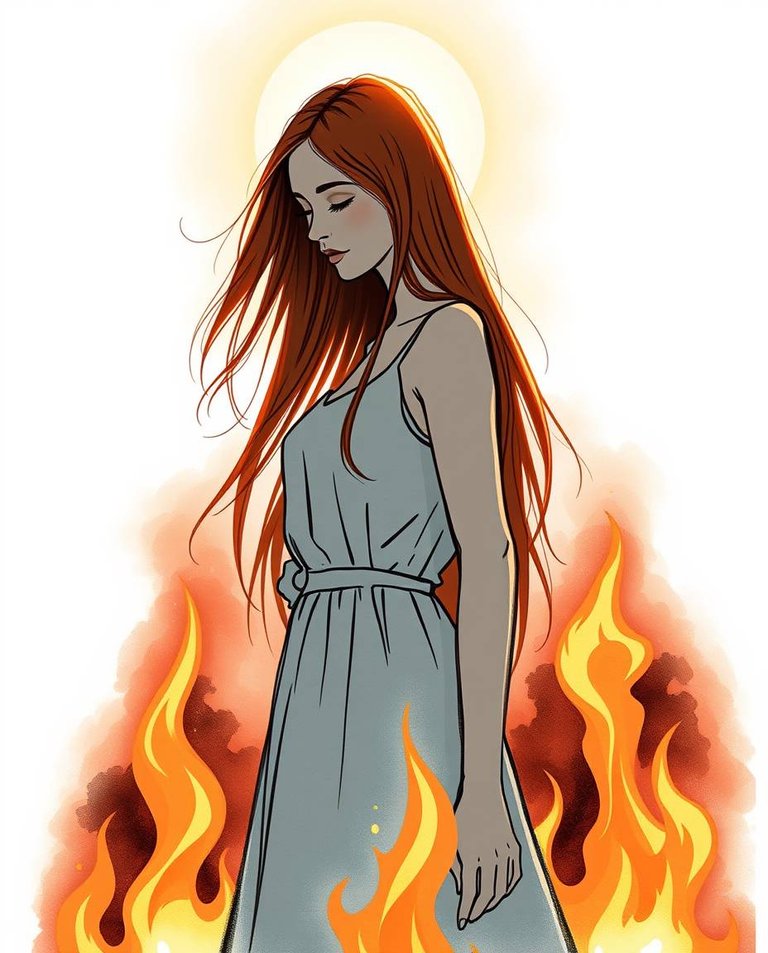 Ethereal hand-drawn sketch A color sketchnote style image of a silhouette of a beautiful Ukrainian woman with straight chestnut hair, in a simple dress, engulfed in flames. A light aura surrounds her, creating a my.jpg