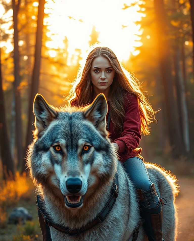 Vibrant complementary colors, warm golden hour light, soft light, contrasting colors, balanced tones, secluded forest clearing, woman riding a silver-gray wolf with yellow eyes, detailed facial expressions, lifelik.jpg