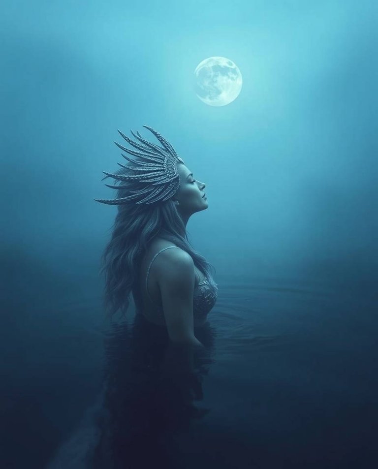 Cool color palette, thick fog surrounds a cinematic photograph of a silver siren mermaid queen, half-submerged, admiring the full moon. Low visibility, blues, greens, purples.jpg