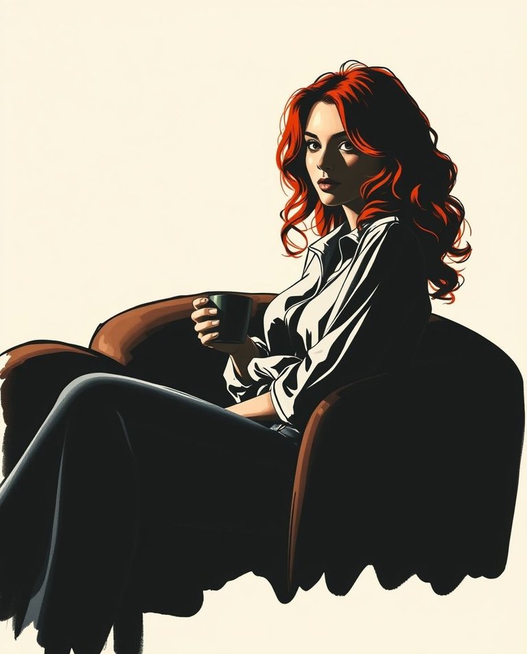 Hand-drawn color sketchnote style illustration, intense black silhouette, red-haired woman 30s, serene expression.  Velvet armchair, flowing blouse, jeans, delicate ceramic coffee cup. Creamy background, deep shado.jpg