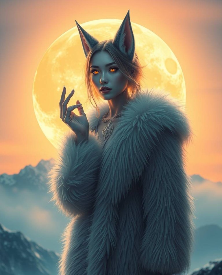 High-resolution image, soft pastel colors, ethereal woman transforming atop misty moonlit mountain, luxurious fur coat, glowing eyes, sharp teeth, long pointed ears, gentle and soothing aesthetic, commercial qualit.jpg