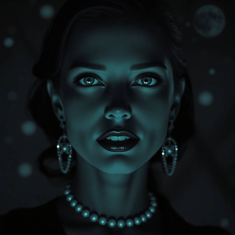 Classic black and white photograph, glowing bioluminescent colors, surreal imagery of a vampire pale skin, intense eyes, elegant features, enigmatic smile. Gothic, retro, dieselpunk aesthetics.  Dreamlike cosmic ba.jpg