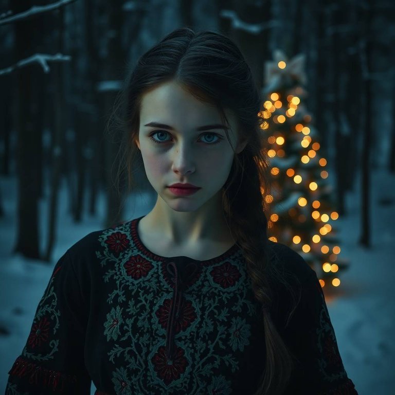 A young Ukrainian woman with fair skin in traditional embroidered clothing, near a Christmas tree in a snowy forest, depicted with intense dramatic lighting. Dark tones, unsettling details, and high contrast create.jpg