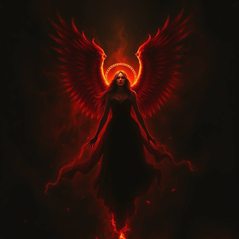 A jet-black image depicting the Ukrainian Watchers, majestic angelic women, with their fiery, red-gold skin emitting a faint glow in the intense darkness. Deep shadows surround them as they descend from a world of .jpg