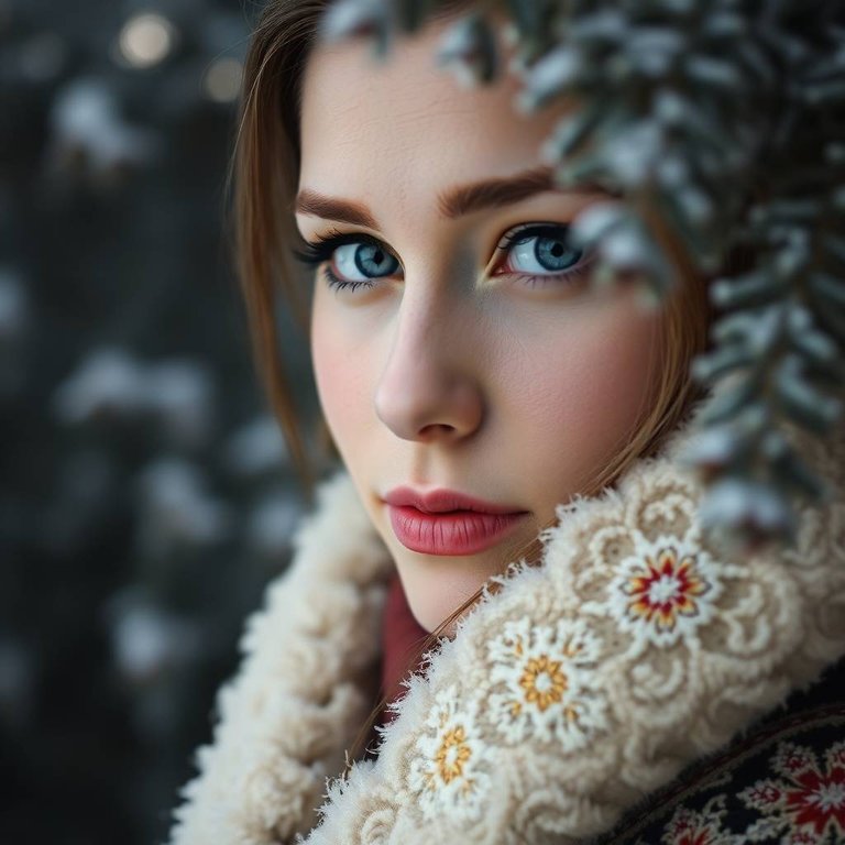 A detailed close-up shot focusing on the face of a young Ukrainian woman with soft features and dark eyes, wearing a warm coat with intricate Ukrainian embroidery.  The frost-covered pines form a soft bokeh backgro.jpg