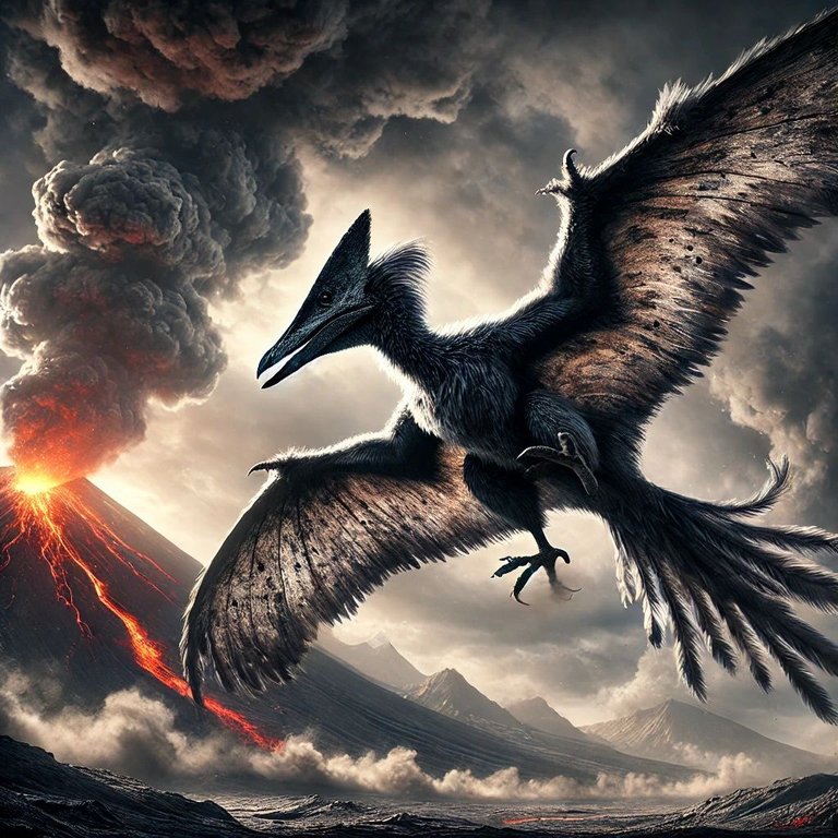 DALL·E 2024-10-22 15.32.03 - A dark and gray feathered pterodactyl-like dinosaur soaring in the sky, without front limbs, having only two legs and large wings covered in feathers.jpg