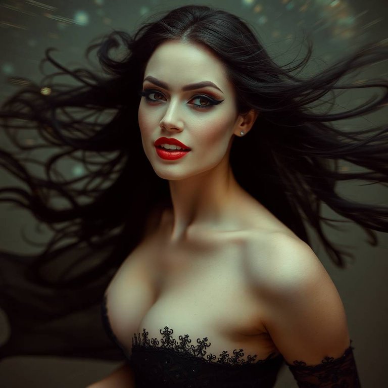 Unusual original fine art, warm slight dark soft professional photography, dynamic in motion, blurred lines, action poses, soft contrast, soft saturation. Stunning vampire, mysterious elegance, cosmic magic. Gothic.jpg