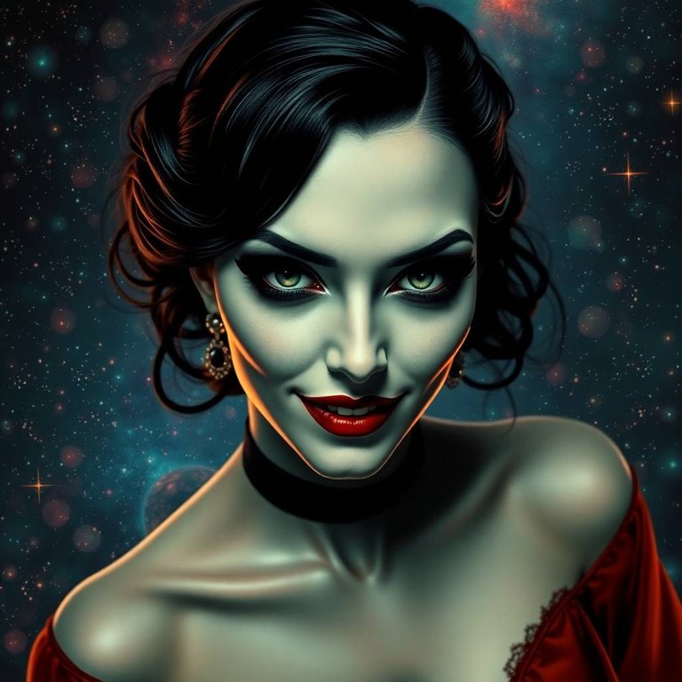 A gothic-retro-dieselpunk vampire, pale skin, deep alluring eyes, sculpted features, enigmatic smile, cosmic background with vibrant galaxies, shimmering stars, overhead perspective, electric vivid colors, graceful.jpg