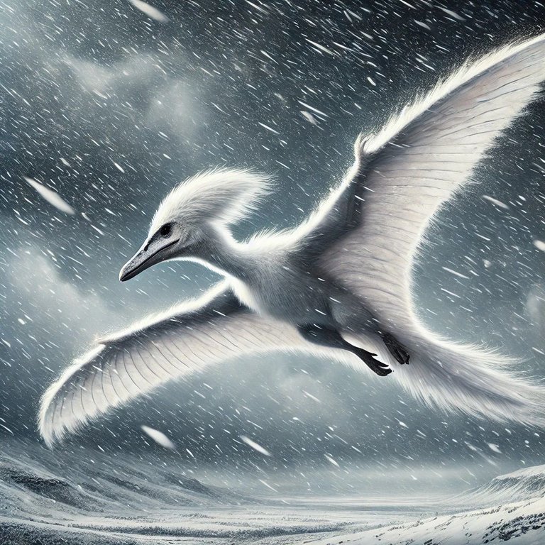 DALL·E 2024-10-22 15.33.16 - A white feathered pterodactyl-like dinosaur soaring in the opposite direction, without front limbs, having only two legs and large wings covered in fe.jpg