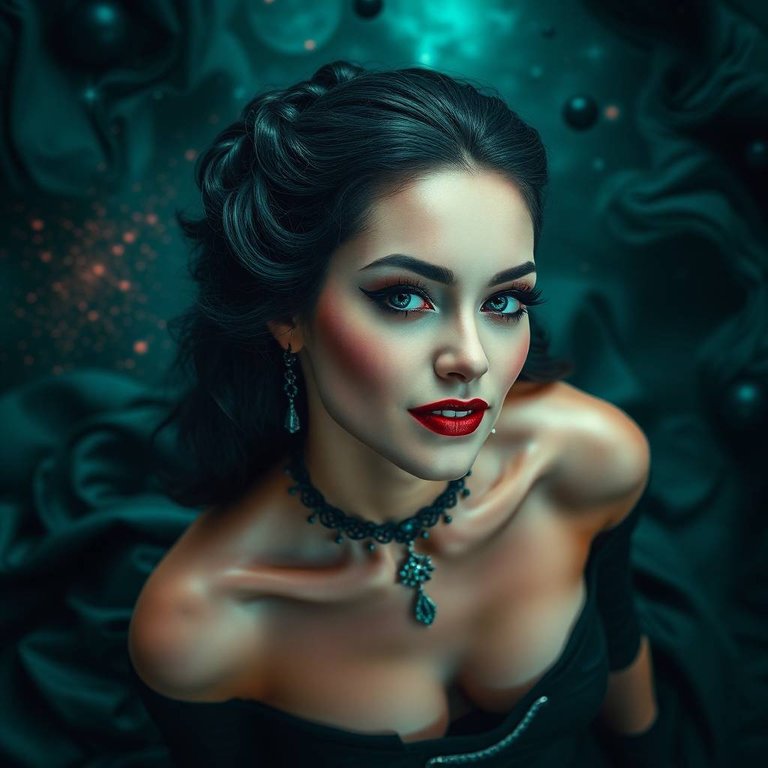 Dreamlike surreal imagery, rich deep teal, overhead bird’s eye view, top-down perspective, luxurious and vibrant, fantastical elements, bizarre scenes. Stunning vampire, mysterious elegance, cosmic magic. Gothic, r.jpg