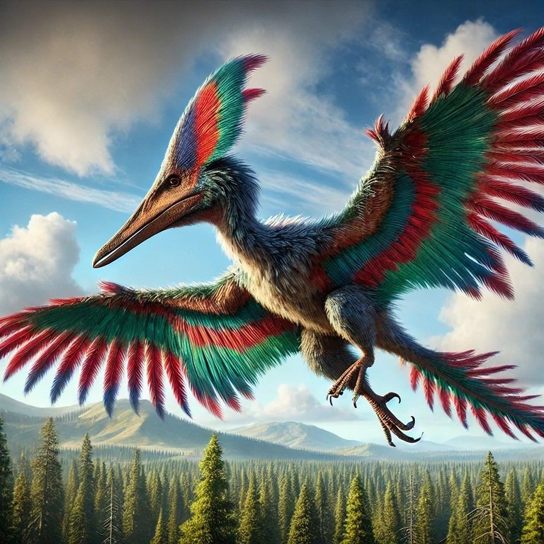 DALL·E 2024-10-22 15.30.07 - A feathered pterodactyl-like dinosaur soaring in the sky, without front limbs, having only two legs and large wings covered in feathers. Its wings are.jpg