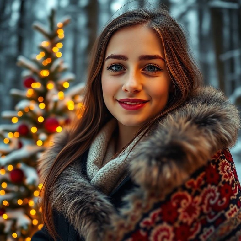 Extreme macro close-up street photograph of bioluminescent glowing colors A young Ukrainian woman with fair skin and serene smile, wearing a fur-trimmed coat and intricately embroidered shawl, stands by a decorated.jpg