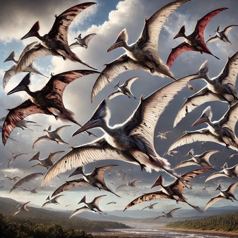 DALL·E 2024-10-22 15.34.50 - A flock of feathered pterodactyl-like dinosaurs soaring through the sky, without front limbs, having only two legs and large wings covered in feathers.jpg