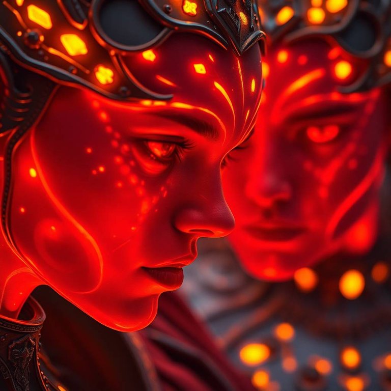 An extreme macro close-up showcasing the glowing bioluminescent skin of the Ukrainian Watchers, majestic women descending. Their skin radiates vibrant red and gold hues.  The image highlights the intricate detail o.jpg