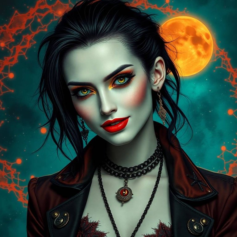 A mesmerizing vampire, pale skin, deep captivating eyes, sculpted features, ethereal smile, wearing a gothic-dieselpunk fusion outfit, set against a vibrant cosmic backdrop of teal and terracotta.  Warm, earthy ton.jpg