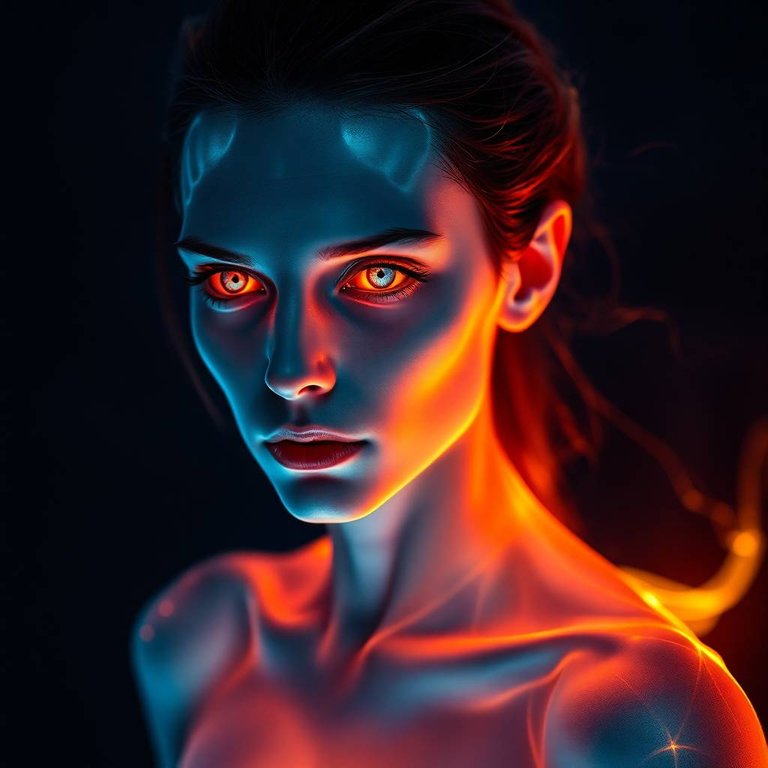 Long exposure photograph of a bioluminescent vampire, pale skin, intricate eyes, flawless figure, glowing colors, natural light effects, vibrant glow, capturing motion, cosmic background.jpg