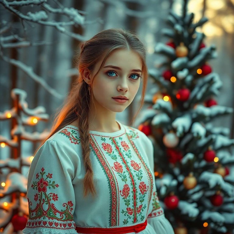 Mystic enchanting environment, gentle color contrasts, dreamlike atmosphere. A young Ukrainian woman with fair skin, in traditional embroidered attire, stands by a decorated Christmas tree in a snowy forest. Electr.jpg