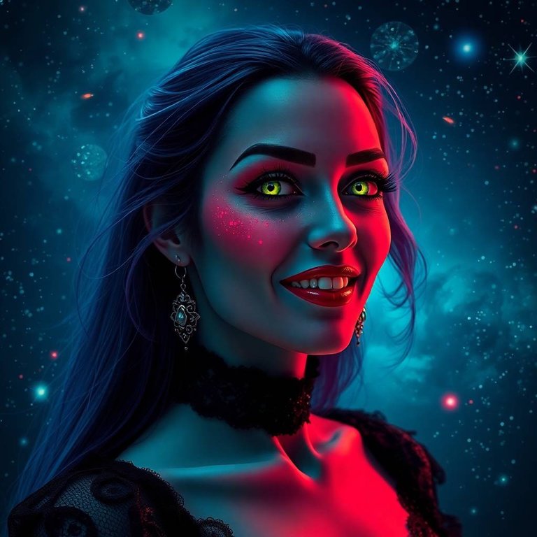 An image glowing with bioluminescent colors, featuring a stunning vampire with deep, intricate eyes and a captivating smile.  Her flawless figure is presented in a gothic, retro-dieselpunk style, within a vibrant c.jpg