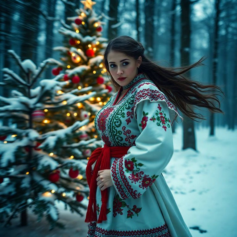 Futuristic sci-fi style, dynamic in motion, strong moody style. A young Ukrainian woman in traditional Ukrainian attire with vibrant embroidery, stands by a decorated Christmas tree in a snowy forest. Low contrast,.jpg