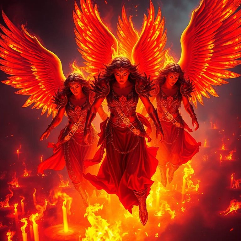 High-resolution stock photo of angelic women descending, skin glowing red and gold, fire-forged armor with embers, set against a fiery battlefield. Deep ultraviolet hues, warm candlelight, high contrast, flickering.jpg