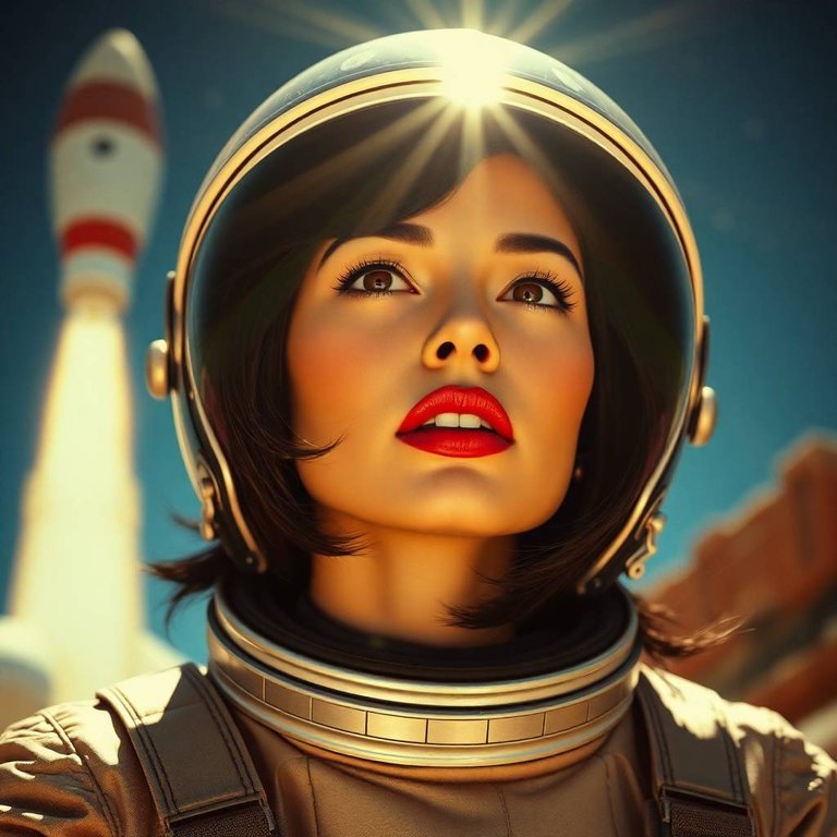 Natural earth tones, bright lens flare. Vibrant retro image, close-up of a woman astronaut with reflective visor, silver jumpsuit, bold red lips, black hair, 1950s rocket background, deep blue starry sky. Light str.jpg