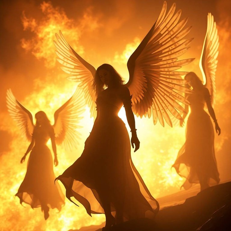 Silhouetted angelic women, Watchers, descending against a fiery backdrop. Soft pastel colors.  Their form is backlit, emphasizing their wings and armor.  Gentle and soothing.  Light source behind the subjects, crea.jpg