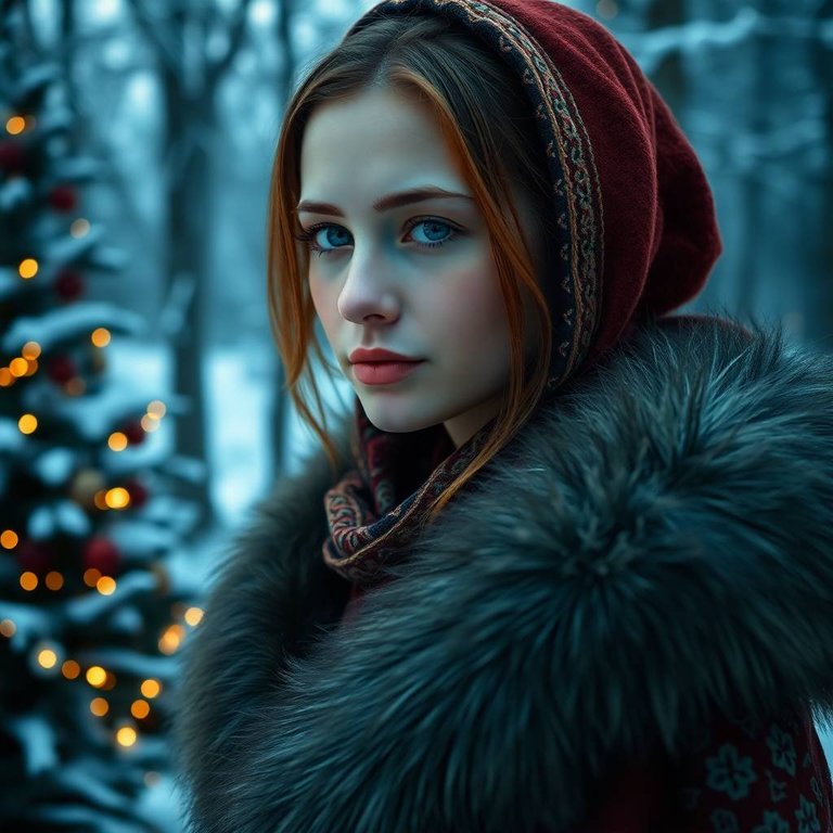 Tight close-up shot, warm terracotta and cool teal. A young Ukrainian woman with fair skin, wearing a richly embroidered shawl and fur-trimmed coat, stands near a decorated Christmas tree in a snowy forest. Earthy .jpg