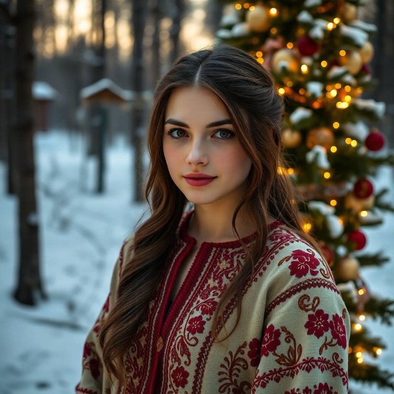 Natural earth tones, bioluminescent glow Graceful young Ukrainian woman with refined features, fair skin, in warm traditional embroidered clothing, stands by a decorated Christmas tree in a snowy forest. Natural li.jpg