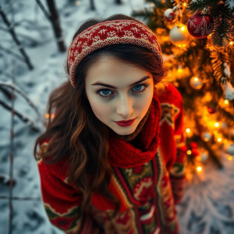 Overhead bird’s eye view of a young Ukrainian woman with fair skin near a decorated Christmas tree in a snowy forest, dressed in warm traditional Ukrainian attire. Warm autumn colors, creative lighting, and abstrac.jpg