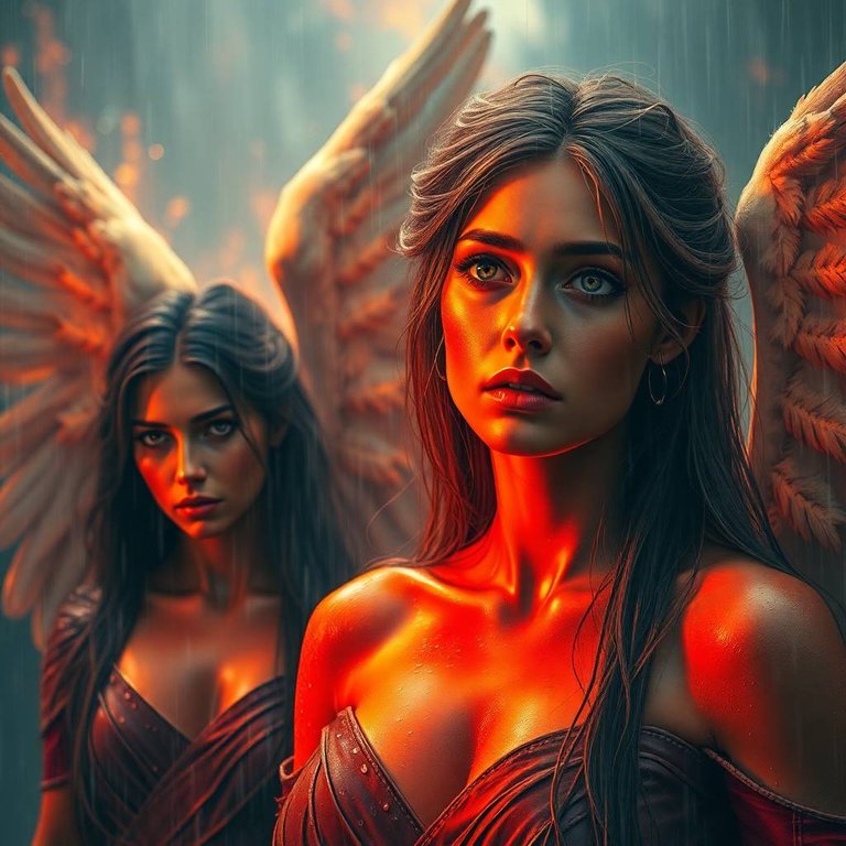 A wet, rainy scene depicting the Ukrainian Watchers, majestic angelic women, their fiery, red-gold skin reflecting the light.  Their eyes show determination and sorrow as they descend through a rain-soaked, fire-fi.jpg