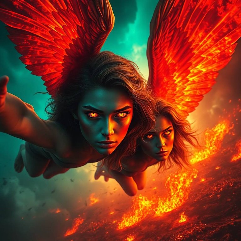 Extreme macro close-up of majestic angelic women, Watchers, descending from a fiery chaotic sky.  Rich deep teal tones.  Their skin glows red and gold, like molten metal.  Their eyes blaze with wisdom, sorrow, and .jpg