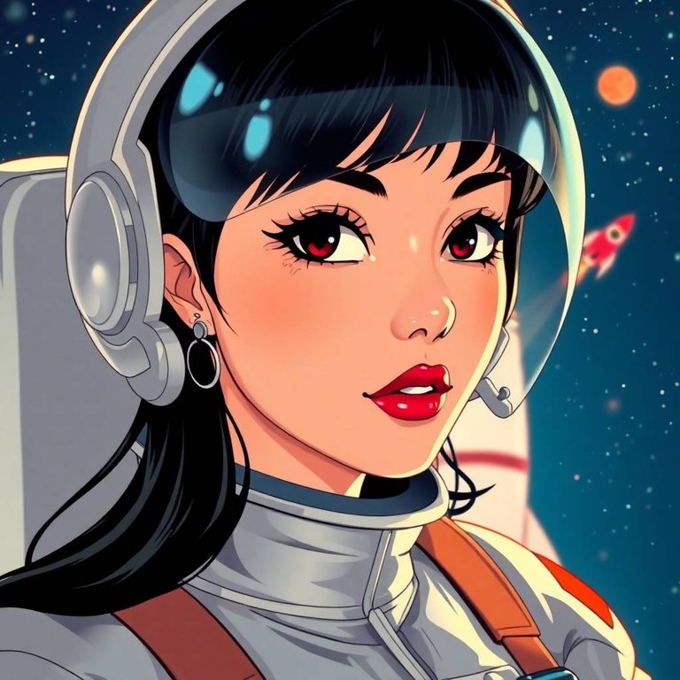 Isekai anime style. Vibrant retro image, close-up of a woman astronaut with reflective visor, silver jumpsuit, bold red lips, black hair, 1950s rocket background, deep blue starry sky. Expressive composition, grace.jpg