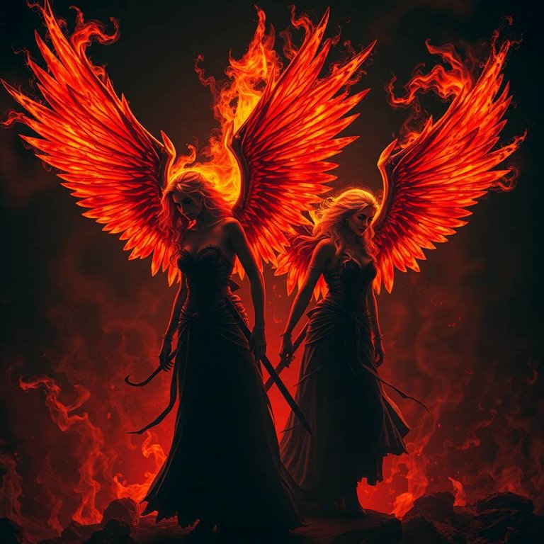 Image of the Watchers,  fiery women with wings, using chiaroscuro lighting to highlight their forms. Strong contrasts and deep shadows emphasize their dramatic presence in the fiery battlefield.jpg