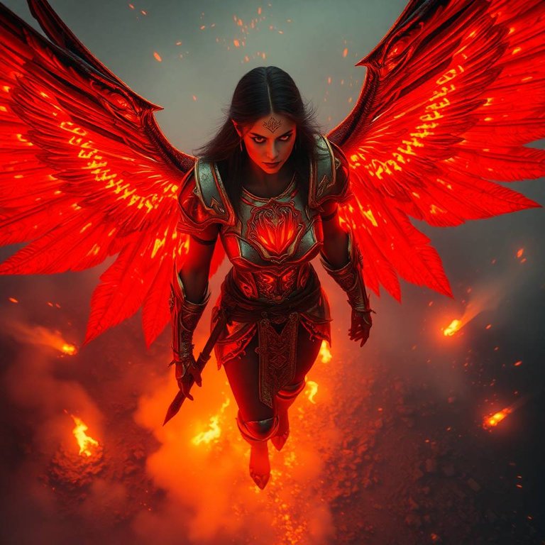 Overhead view, volumetric lighting.  Angelic women, Ukrainian women warriors, fiery red and gold skin, molten metal texture, armor etched with glowing embers, fiery wings, battlefield below, crimson fire, rising sm.jpg