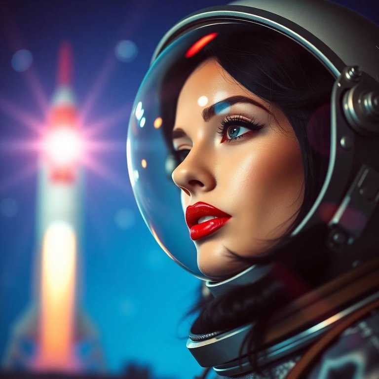 Blurred bokeh, bright lens flare. Vibrant retro image, close-up of a woman astronaut with reflective visor, silver jumpsuit, bold red lips, black hair, 1950s rocket background, deep blue starry sky. Halftone dot ef.jpg