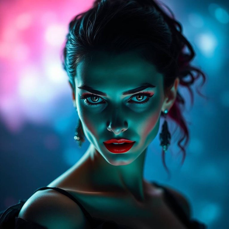 Distinct split glowing bioluminescent colors, blurred bokeh effect. A stunning vampire, mysterious elegant, cosmic magic, gothic style, retro aesthetics, dieselpunk elements.  Deep, soul-drawing eyes, flawless figu.jpg