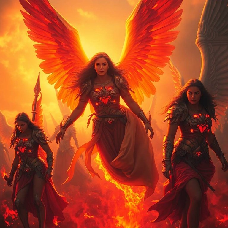 Angelic women descending, skin glowing red and gold, fire-forged armor with embers, amidst a fiery battlefield. Warm golden hour light, soft light, reds, oranges, yellows.jpg